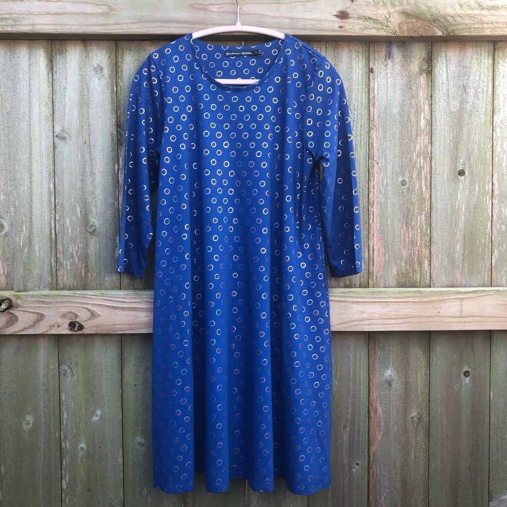 Gudrun Sjoden Swing Dress Blue and Metallic Gold Dot Cotton Modal 3/4 Sleeve